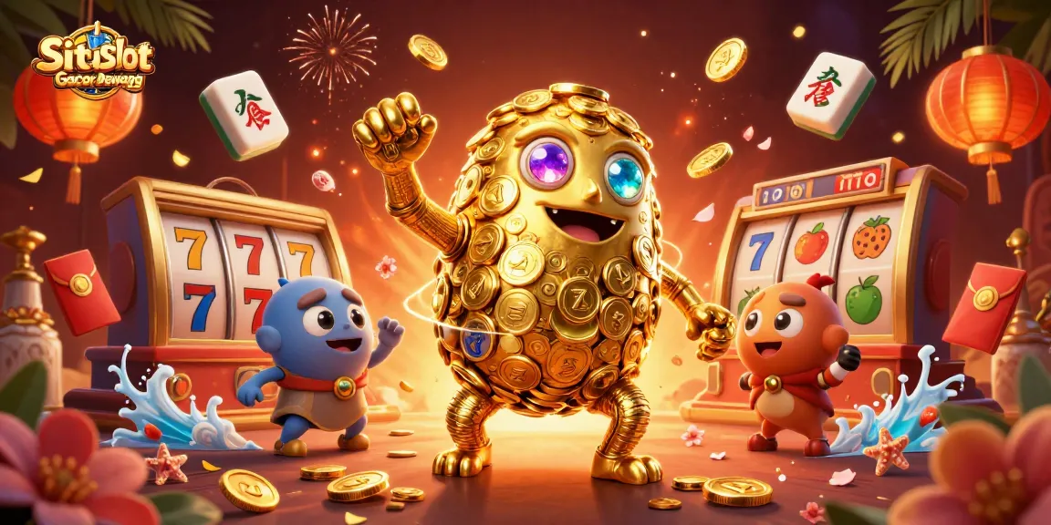 Situs Slot Gacor Dewagg features a golden golem amidst dynamic slot elements, celebrating gaming excitement.