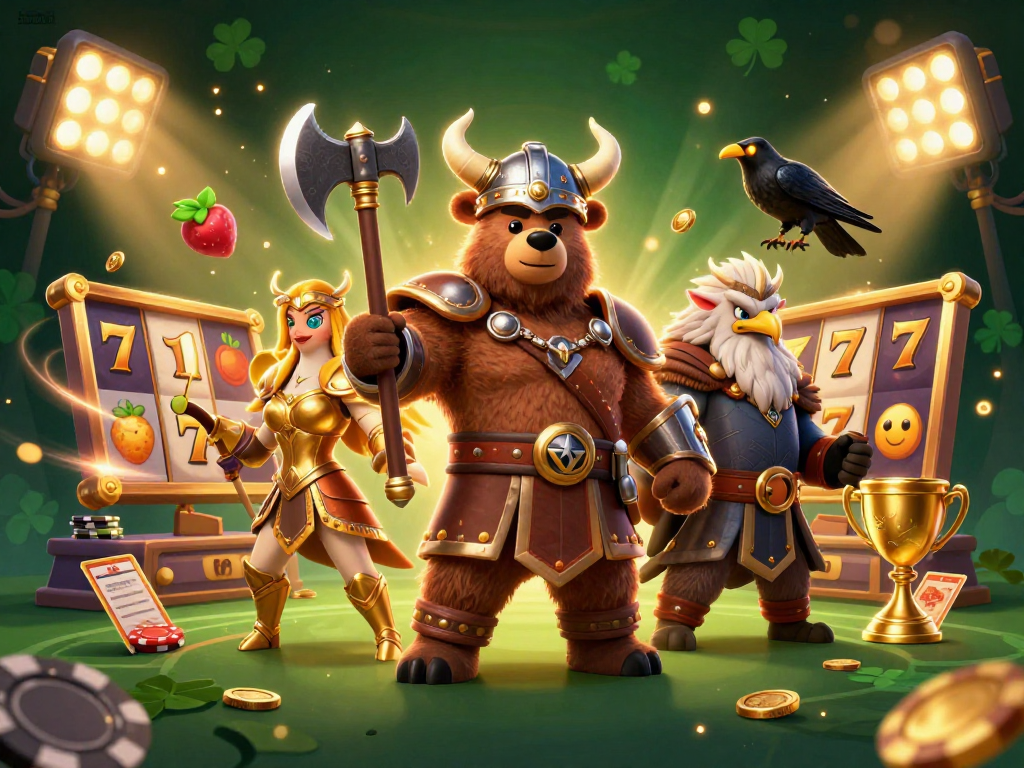 Experience the thrill of gameplay with Sumclub's dynamic Viking bear and Valkyrie eagle in a vibrant casino illustration.
