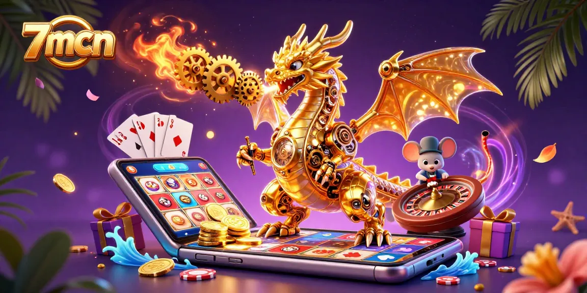 Engage with the 7mcn golden dragon and vibrant slot game illustration.