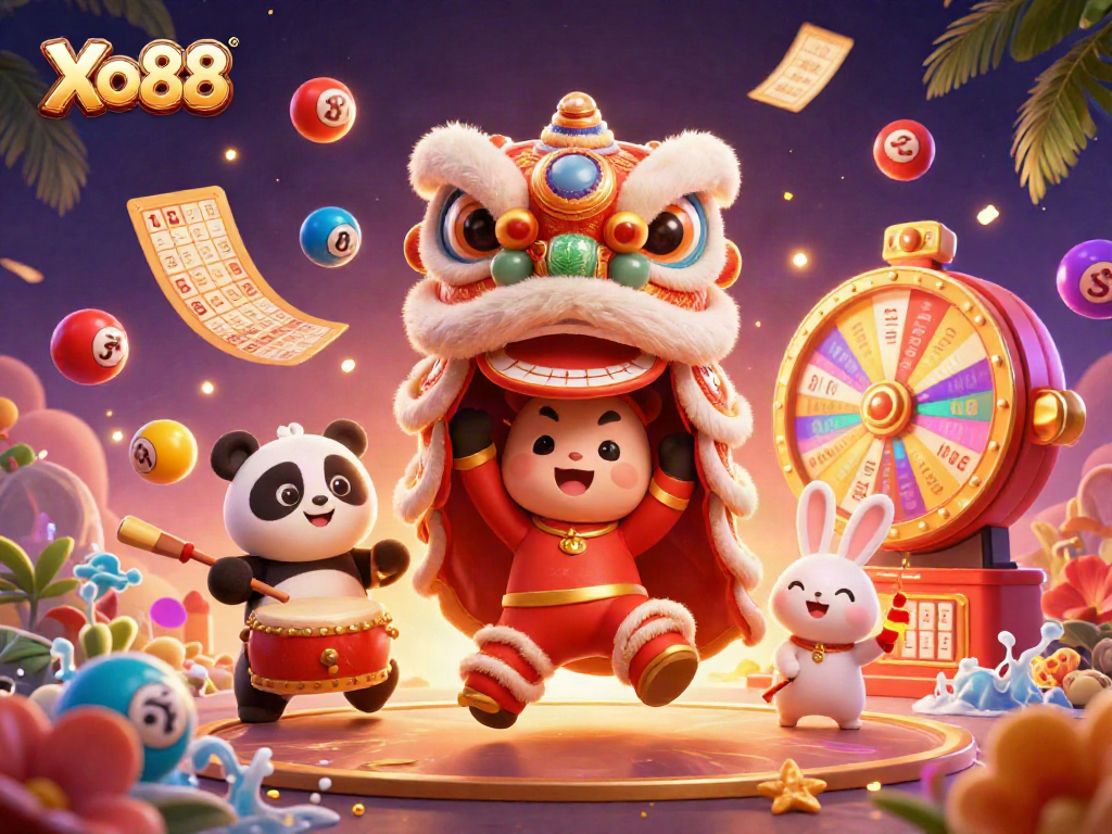 Xo88 celebrates with a vibrant 3D scene showcasing dynamic lottery elements and festive characters