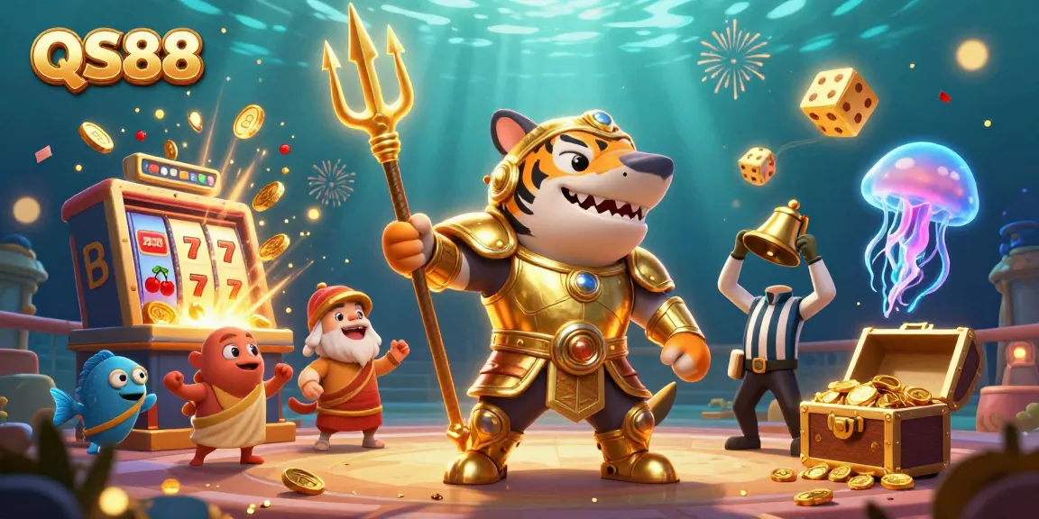 Experience QS88's thrilling jackpot: a 3D tiger shark in gladiator armor amidst a vibrant underwater casino.
