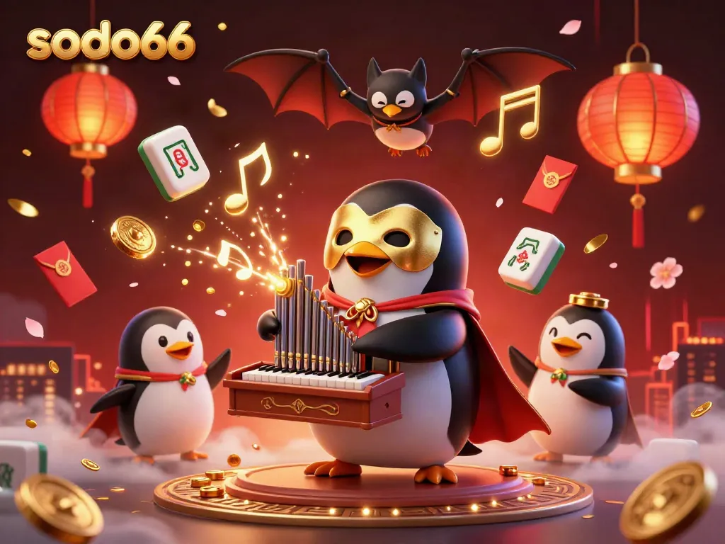 Experience the excitement of winning at sodo66 with a dynamic 3D casino scene featuring a unique opera penguin.