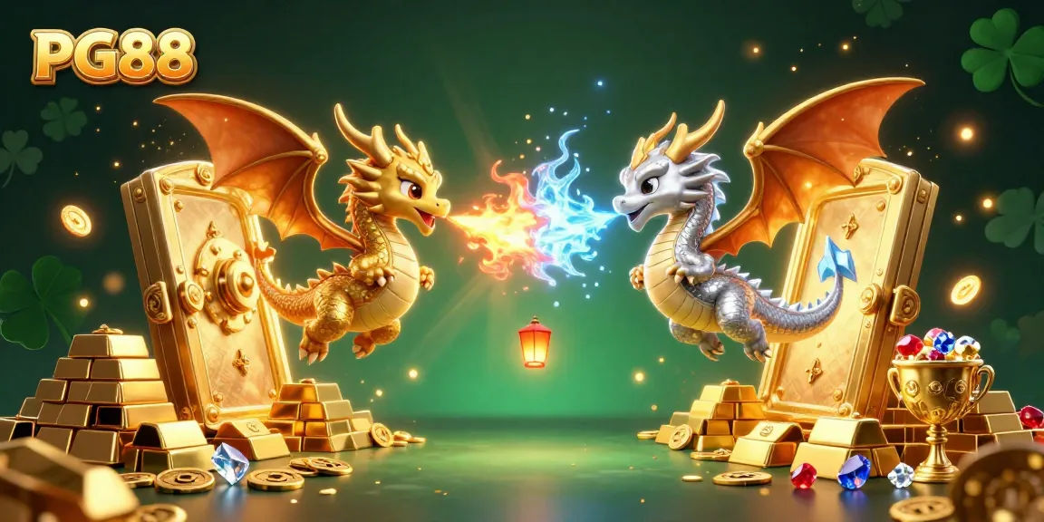 Win big with PG88 as golden and silver dragons embody fire and ice in this vibrant casino scene.