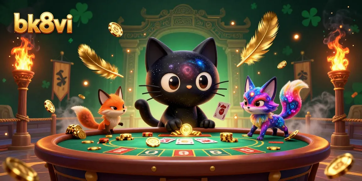 Engage in exciting casino games at bk8vi with vibrant visuals and golden casino elements.