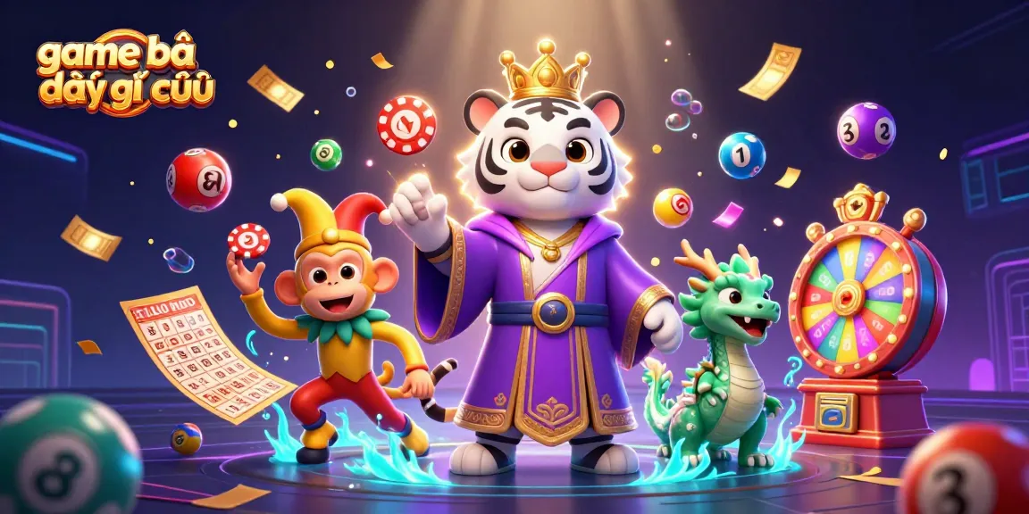Engage with game bài đấu địa chủ through a vibrant 3D casino illustration showcasing a white tiger and a monkey amidst lottery elements.
