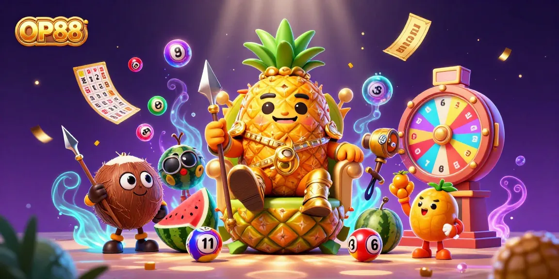 Engage in OP88's vibrant casino scene featuring a golden pineapple king, exciting game elements, and dynamic visuals.