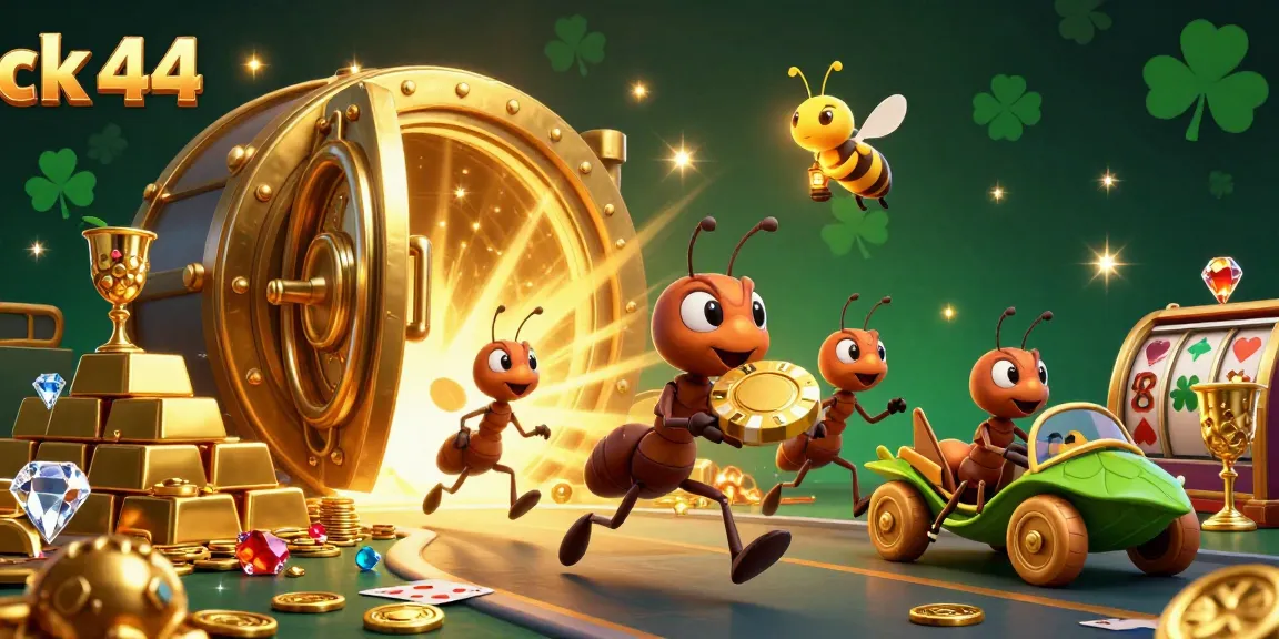 Experience the thrill of ck 44 with cartoon ants heisting a giant poker chip amidst dazzling casino treasures.
