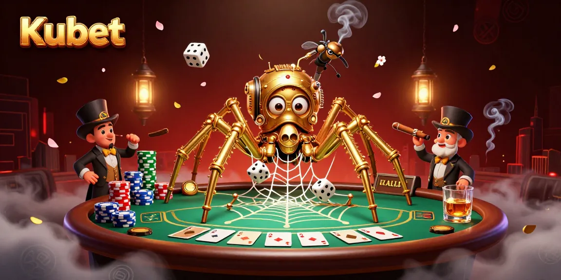 Kubet showcases a vibrant 3D scene with a steampunk golden spider and Victorian fly in a dynamic poker game.