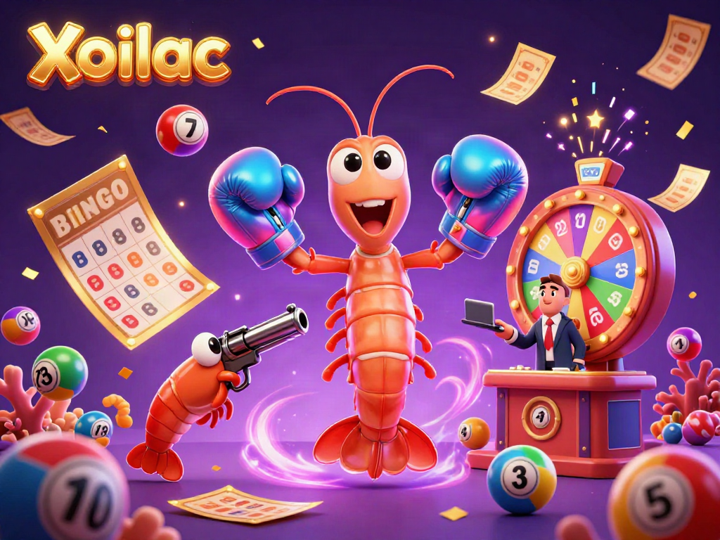 Xoilac showcases a lively cartoon casino scene, with playful lottery elements and vibrant characters.