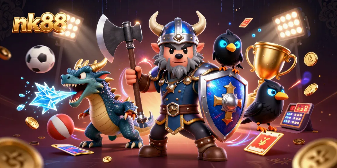 Experience thrilling action at nk88 with a fierce Viking wolf warrior and mythical creatures amidst dynamic sports elements.