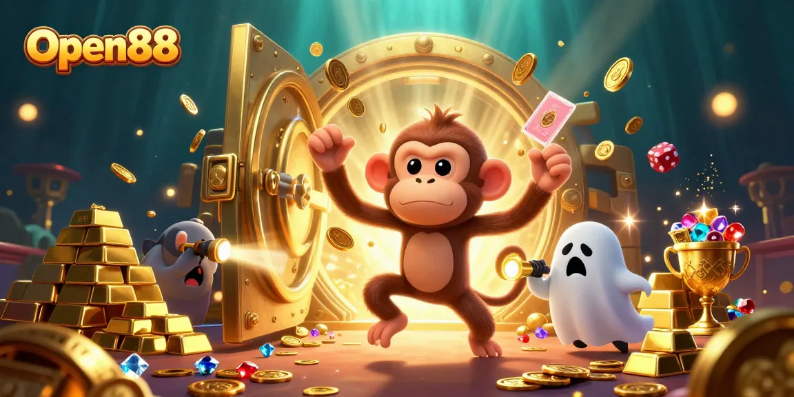Open88 showcases a 3D cartoon poltergeist monkey juggling casino elements while a ghost-hunter puppy tracks it.