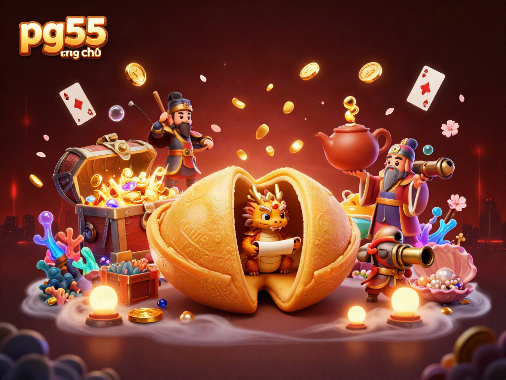 Experience the excitement at pg55 trang chủ with a fortune cookie scene featuring magical elements and vibrant treasure.