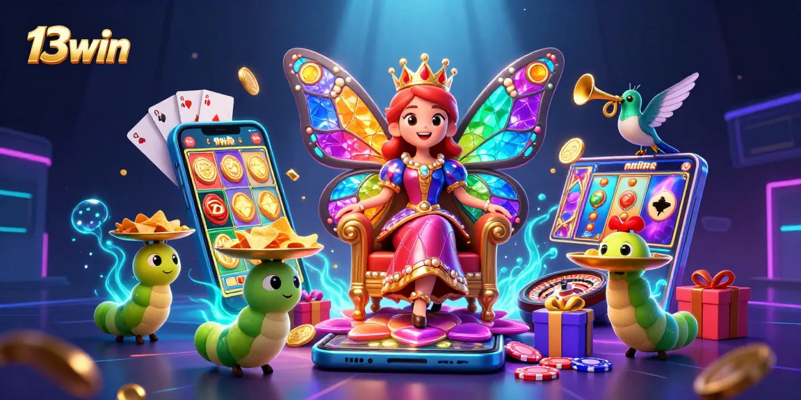 Engage with the vibrant 13win gaming experience, featuring a butterfly queen amidst animated casino elements, enticing players.