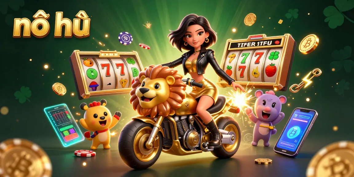 Experience exhilarating nổ hũ action with vibrant characters, slot elements, and crypto accents in a dazzling 3D scene.