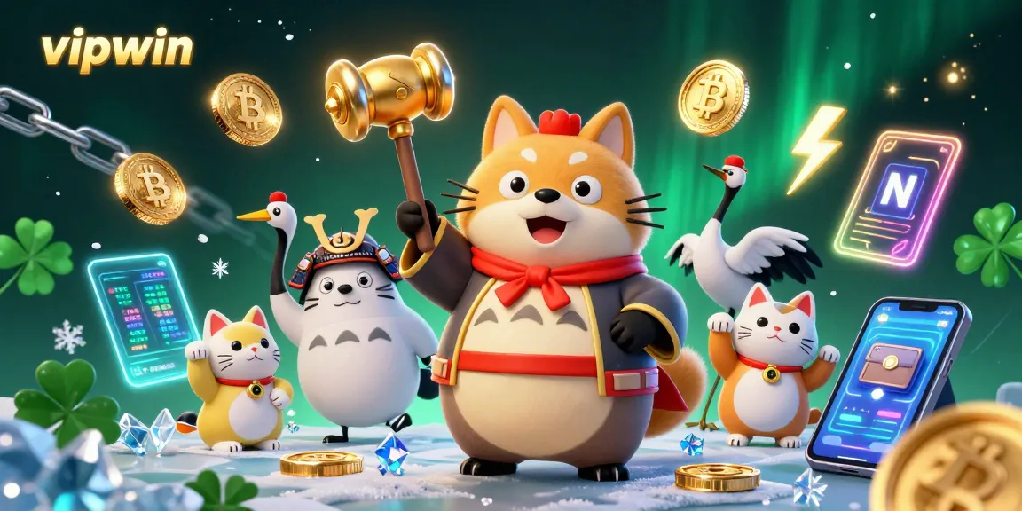 Spin to win big with vipwin at this vibrant casino illustration featuring lucky charms and crypto!