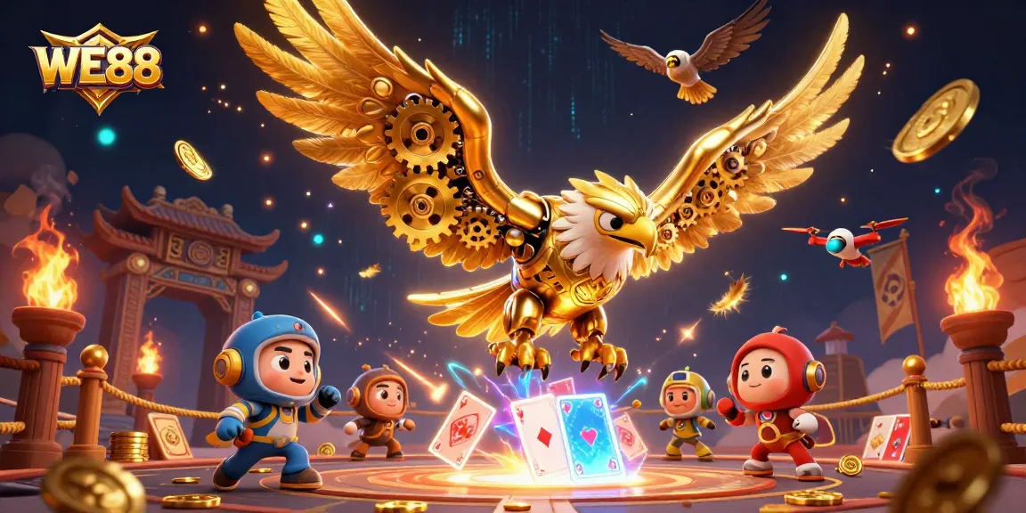 WE88 showcases a vibrant 3D illustration of a cybernetic eagle amid holographic cards, immersed in gaming excitement.