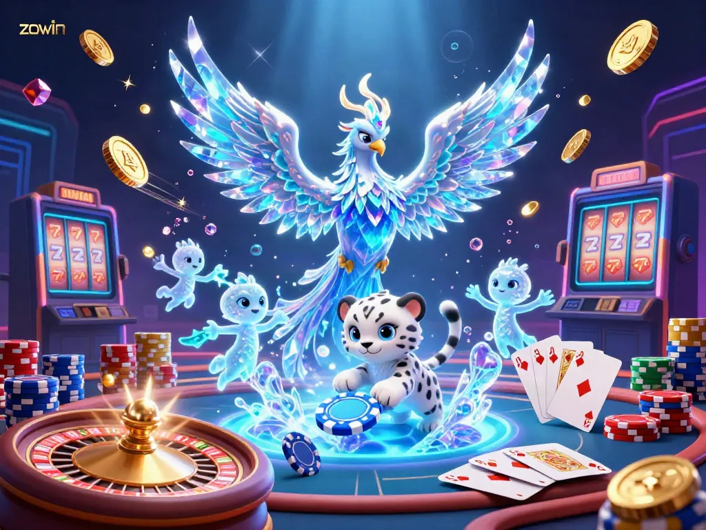 Experience vivid games at zowin, with ice phoenix and playful leopard in a lively casino scene.