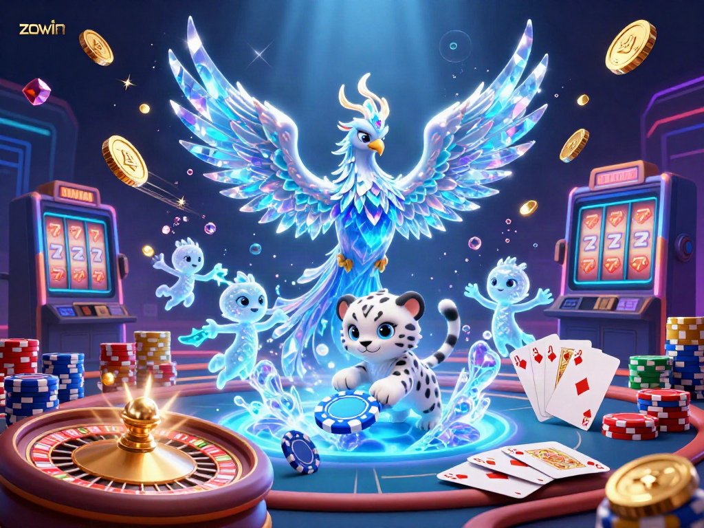 Experience vivid games at zowin, with ice phoenix and playful leopard in a lively casino scene.