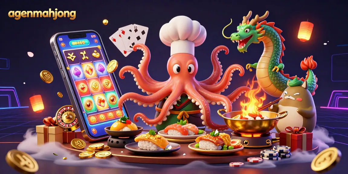 Experience the thrill with agenmahjong as the octopus chef crafts golden dishes amidst a colorful gaming scene.