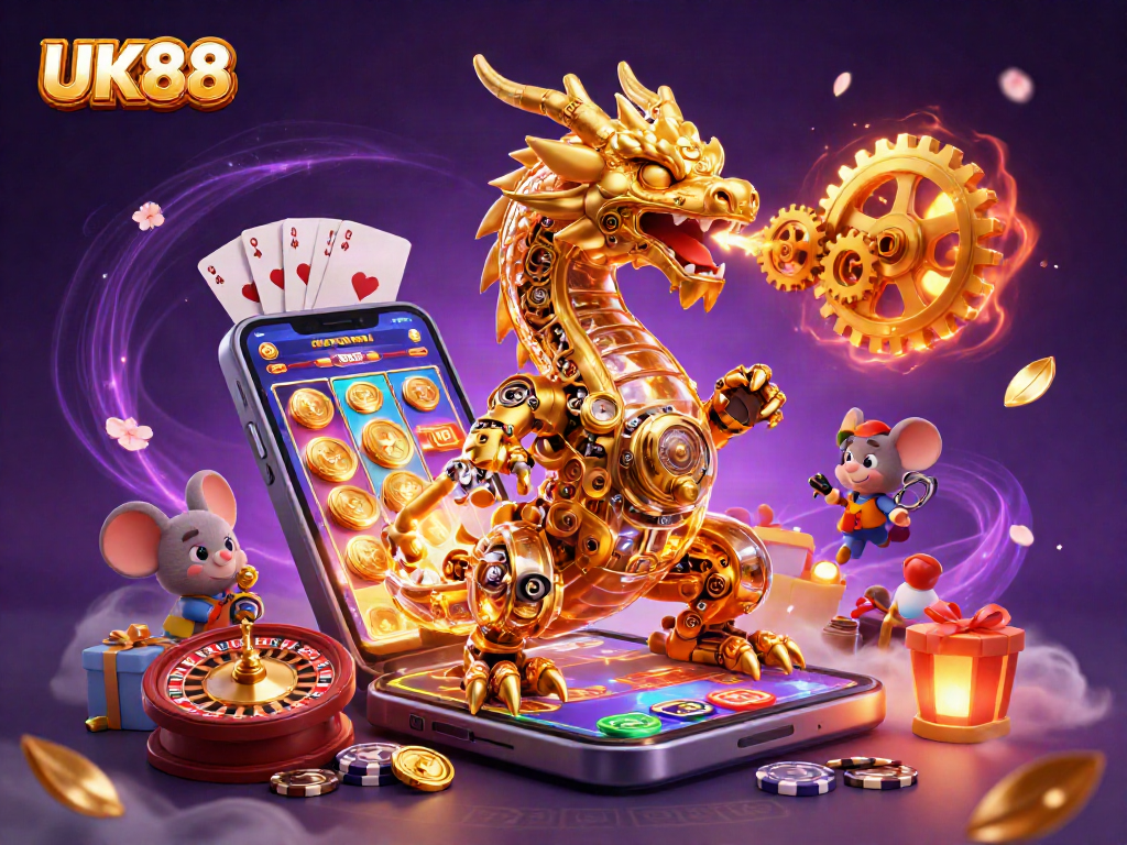 Experience thrilling wins with UK88 in a vibrant 3D casino scene filled with exciting gaming elements.