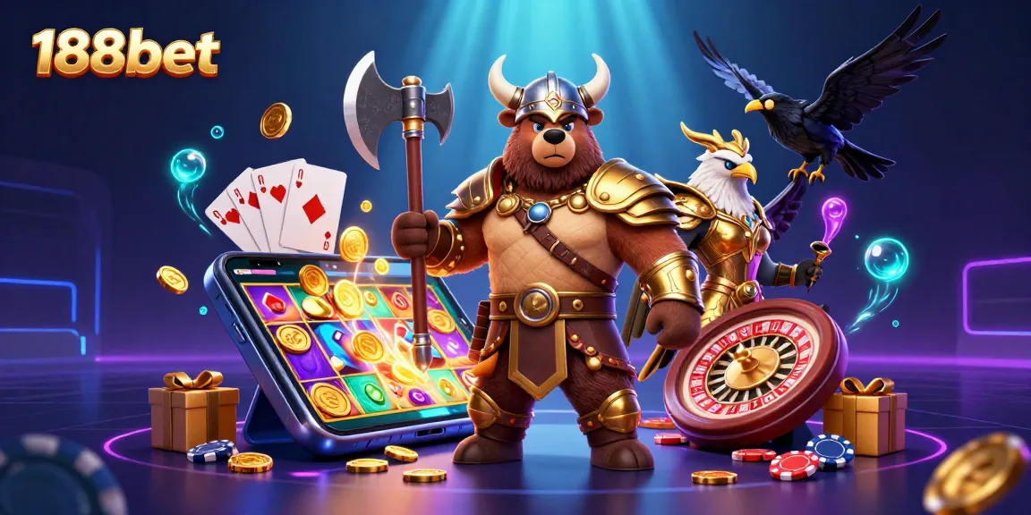 Engage in immersive gaming with 188bet's vibrant 3D illustration featuring a Viking bear and Valkyrie, showcasing slot games.