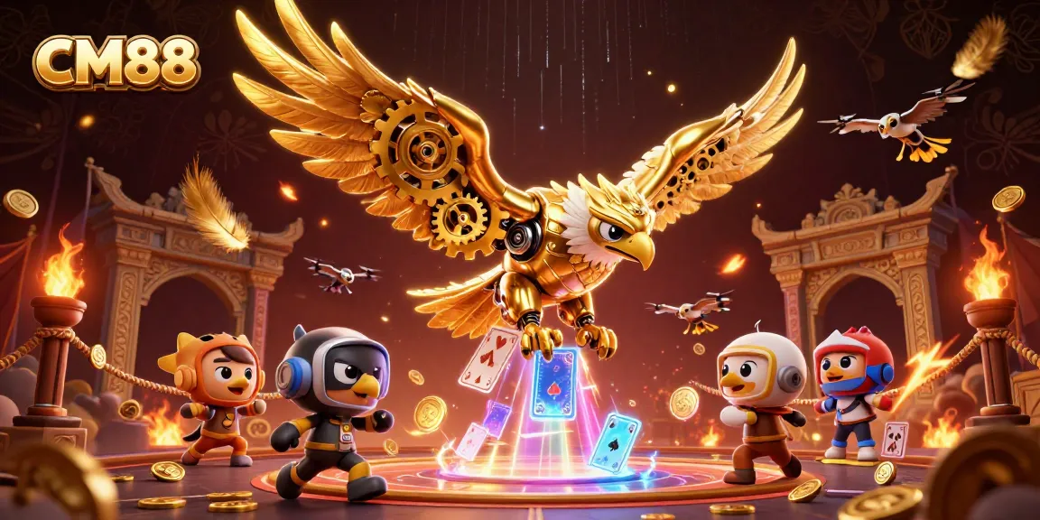 CM88 captivates players as a cybernetic eagle dives through holographic cards in an electrifying scene.