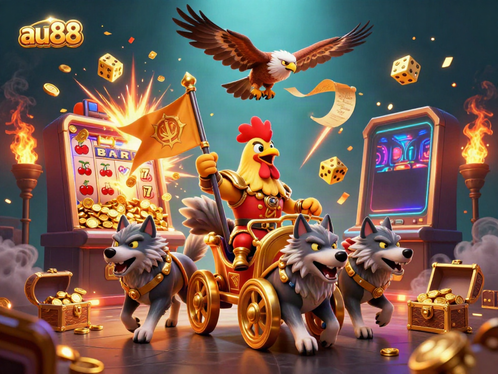 Witness the thrilling adventure at au88 with dynamic 3D characters surrounded by explosive slot machine riches.