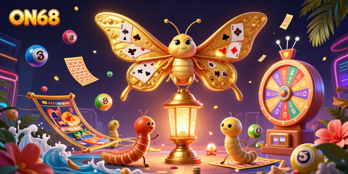Experience thrilling gaming at ON68 with vibrant casino elements and a majestic moth in a captivating scene.