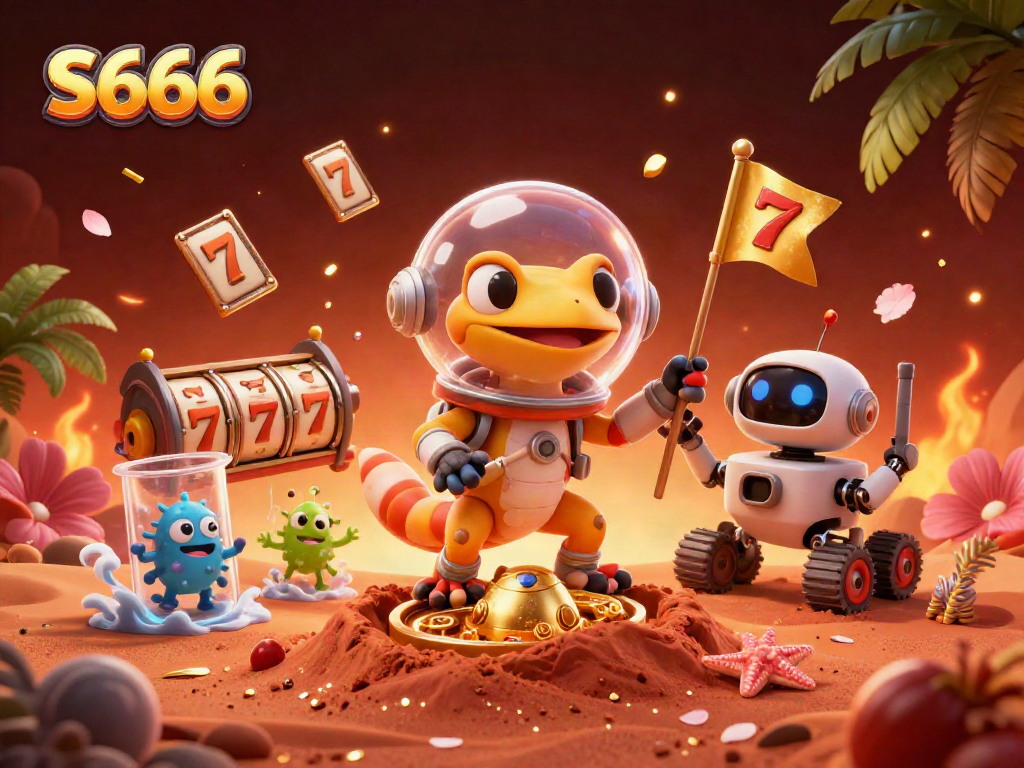 S666 captures thrilling casino adventures with vibrant Martian characters exploring a golden gambling oasis.