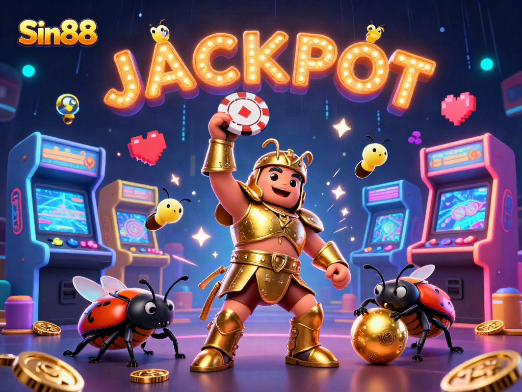 Sin88 beetle character celebrates a poker win, surrounded by vibrant casino elements and jackpot vibes.