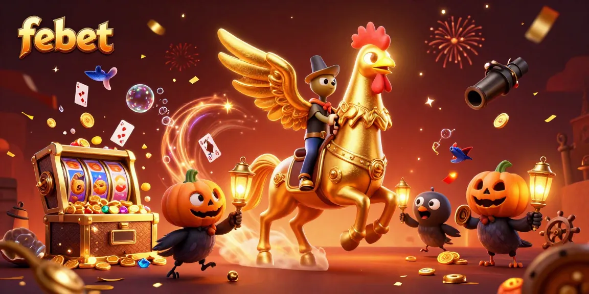 Experience febet's dazzling online casino with a golden rooster riding through a vibrant game scene.