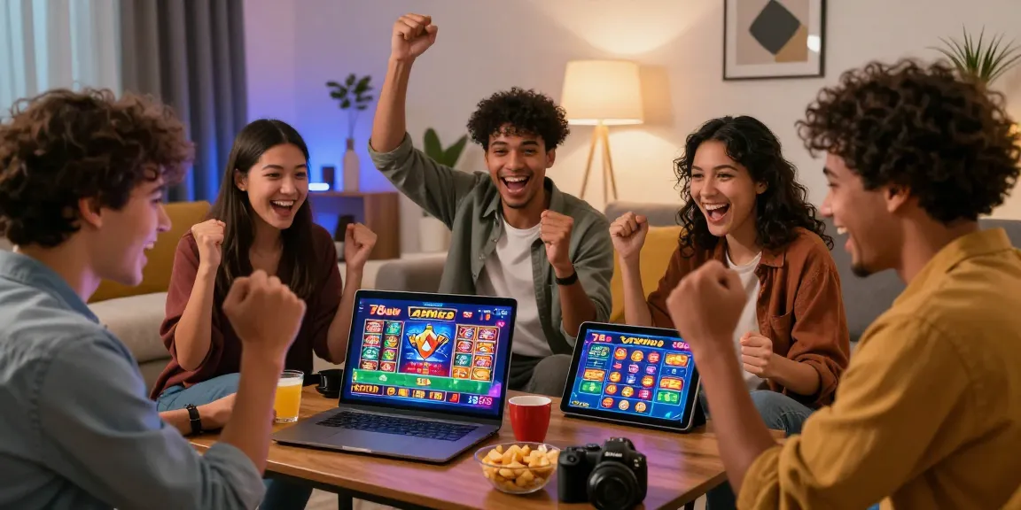 Excited friends celebrating a win on the 78win gaming platform in a cozy living room.