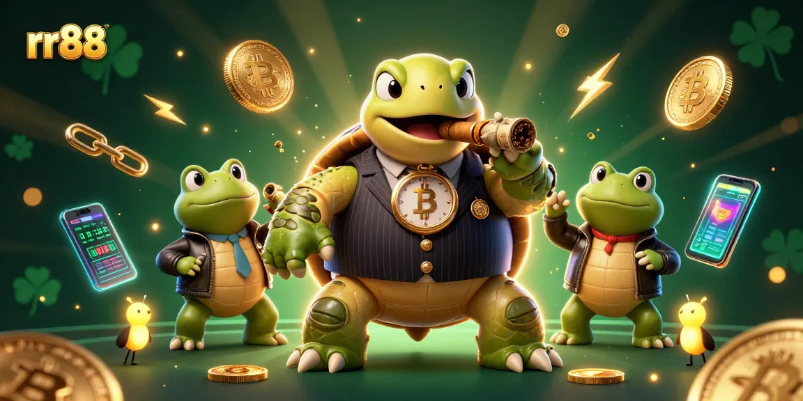 rr88 showcases a lively casino scene with a snapping turtle and bullfrogs, emphasizing vibrant gambling elements.