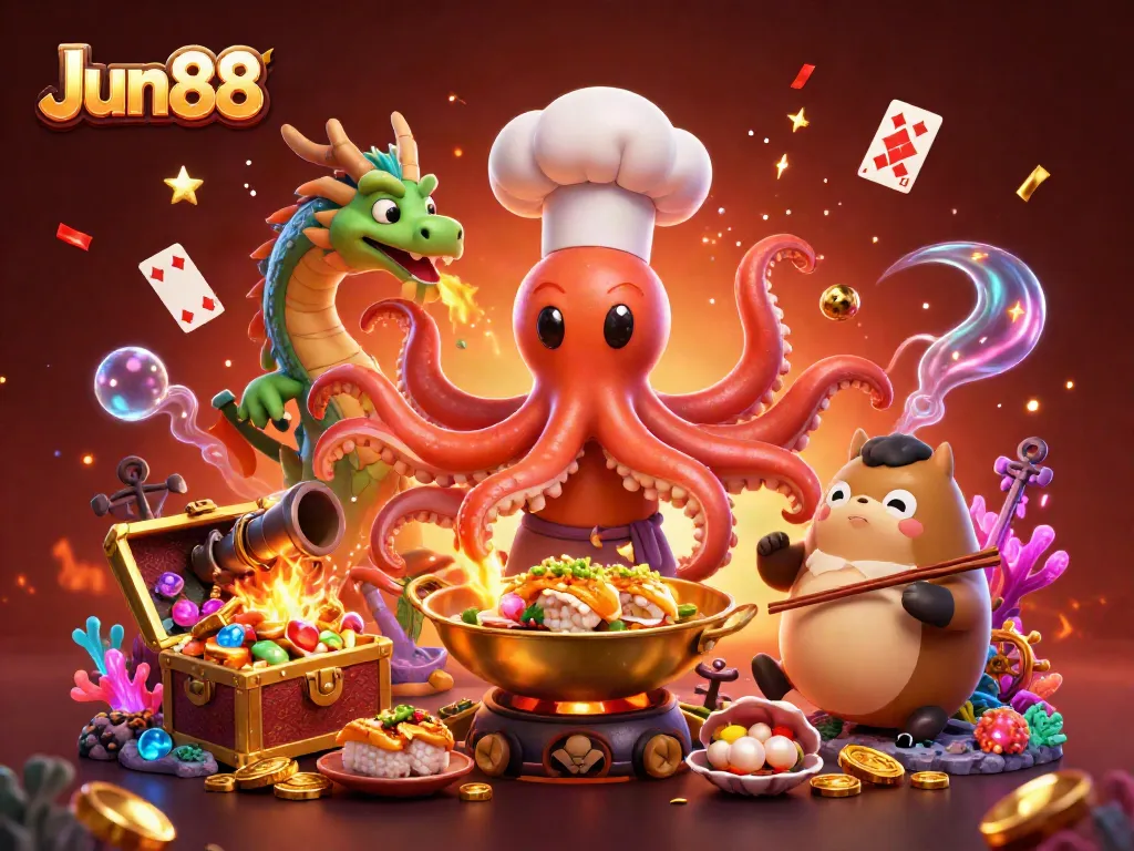 Win big at Jun88 with a vibrant casino scene featuring an octopus chef, dragon, and tanuki among riches.