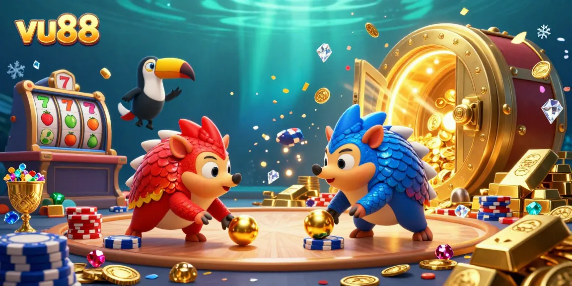 Experience the thrill of vu88 with rival pangolins enjoying a vibrant casino game scene full of excitement.