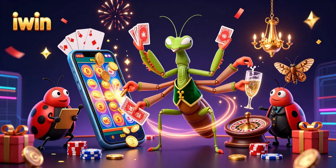 iwin showcases an exciting casino scene with a lively praying mantis dealer and vibrant slot game action