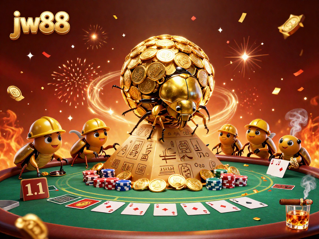 Players enjoy gaming at jw88 with a golden beetle winning coins while poker chips tower majestically.
