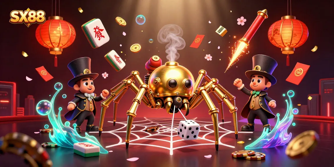 SX88 captivates players with a golden spider's web catching dice, illuminated by vibrant casino elements