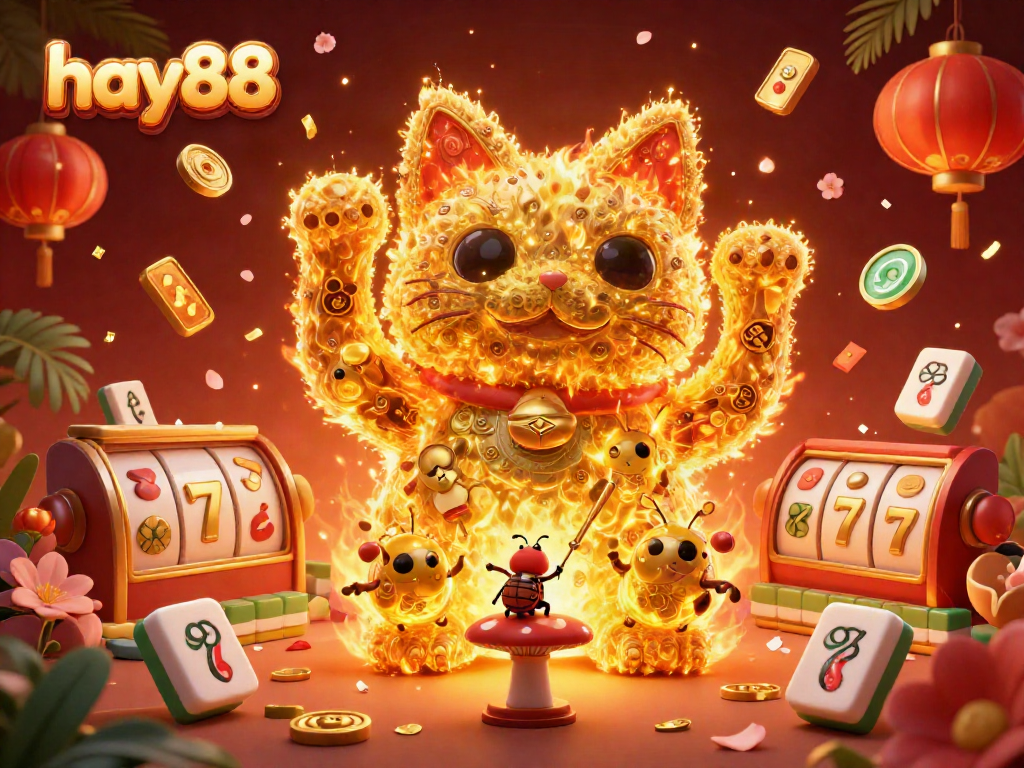 Experience the vibrant energy of hay88 as a giant lucky cat takes center stage amid dynamic casino elements.