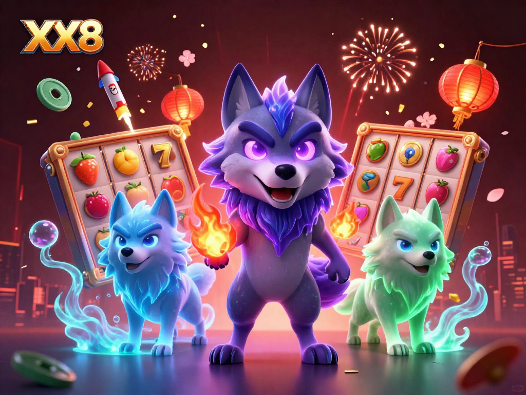 Engage with the thrilling XX8 casino experience featuring vibrant wolves, slot reels, and a magical atmosphere.