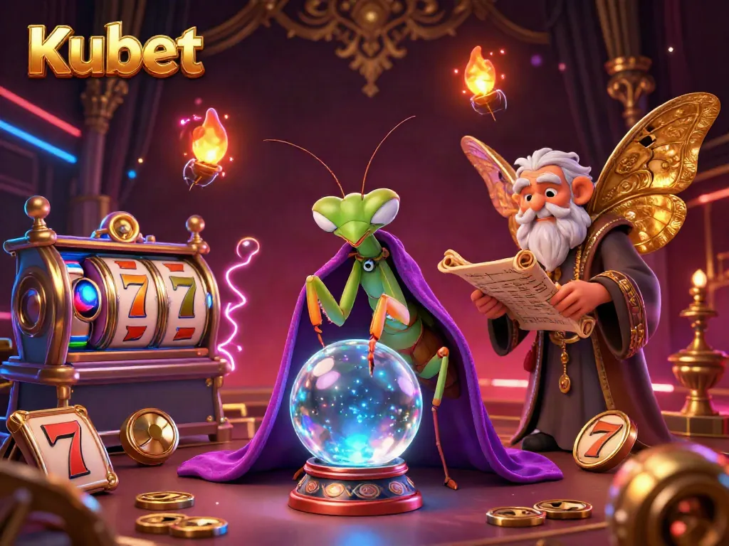 Kubet's mystical fortune teller surrounded by slot reels and jackpot counters in a casino illustration.