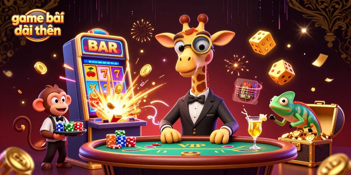 Experience the excitement of game bài đổi thưởng in a vibrant 3D casino scene with lively characters and rich visuals.
