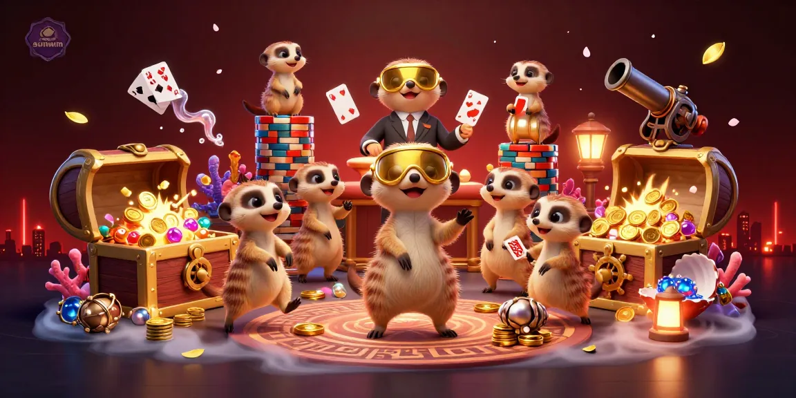 Engage in winning strategies at sunwin's enchanting casino run by meerkats with vibrant gaming elements.