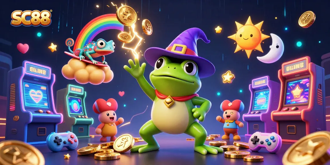 SC88's thrilling casino action with a cartoon frog, chameleon, and golden coins in a vibrant scene.