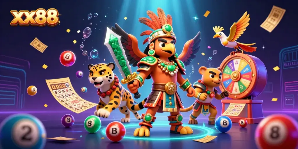 Spin the reels and win big with xx88's vibrant 3D casino illustration, showcasing an Aztec warrior theme.