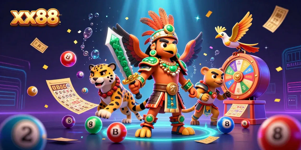 Spin the reels and win big with xx88's vibrant 3D casino illustration, showcasing an Aztec warrior theme.