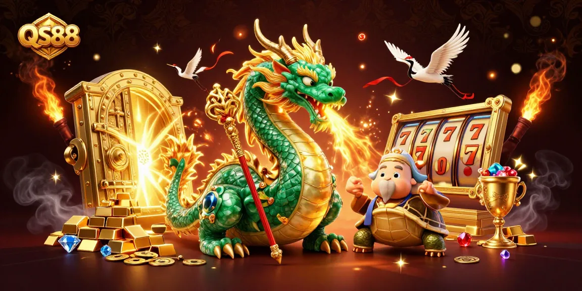 Joining QS88 for thrilling slot experiences, featuring a majestic emerald dragon and enchanting treasure.