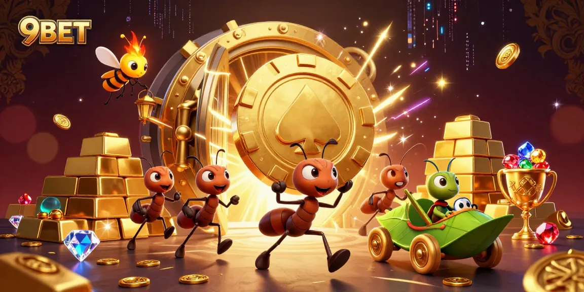 9BET ants navigating a heist through a golden vault, showcasing a dynamic gambling adventure.
