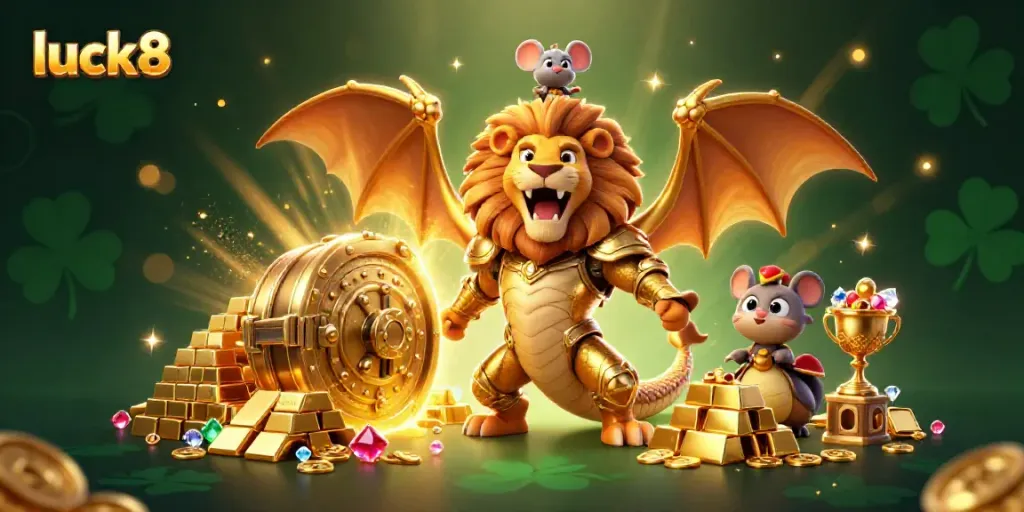 Experience luck8's thrilling casino scene with a roaring chimera, gold treasures, and enchanting gems.