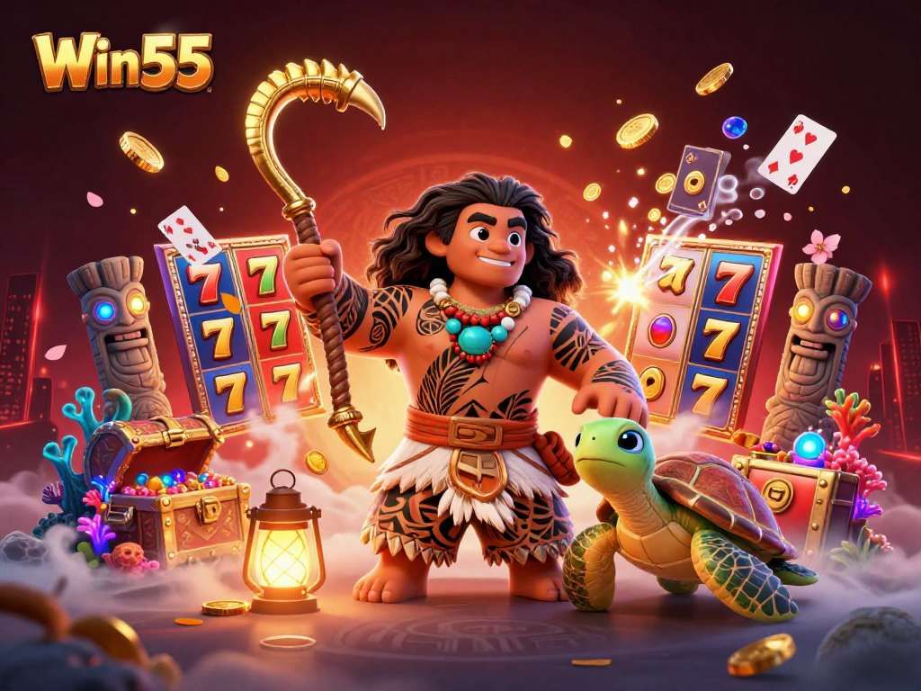 Engage with Win55's thrilling slots experience featuring dynamic 3D characters and vibrant casino elements.